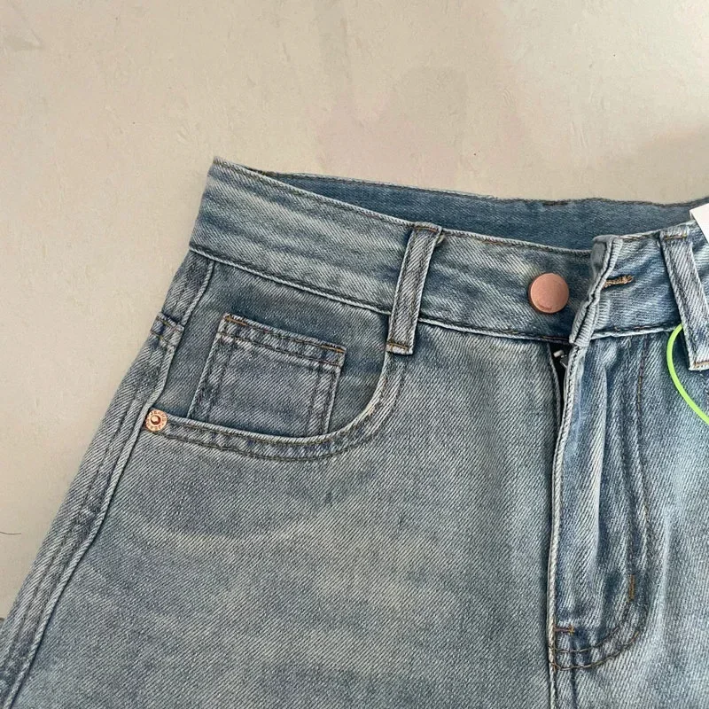 Denim Pant Women Jeans Basics Full Length Straight Wide Leg Pants High Waist Pockets Button Solid Vintage Trousers Casual Denims