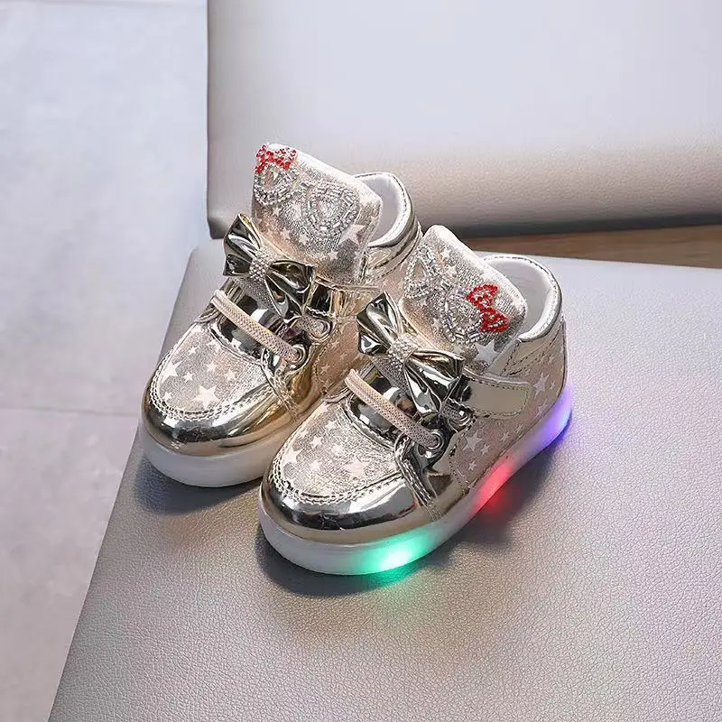 Spring Autumn Children LED Flashing Casual Shoes Kids Bow High-Top Shoes Girls Soft-Soled Non-Slip PU Patent Leather Casual Shoe