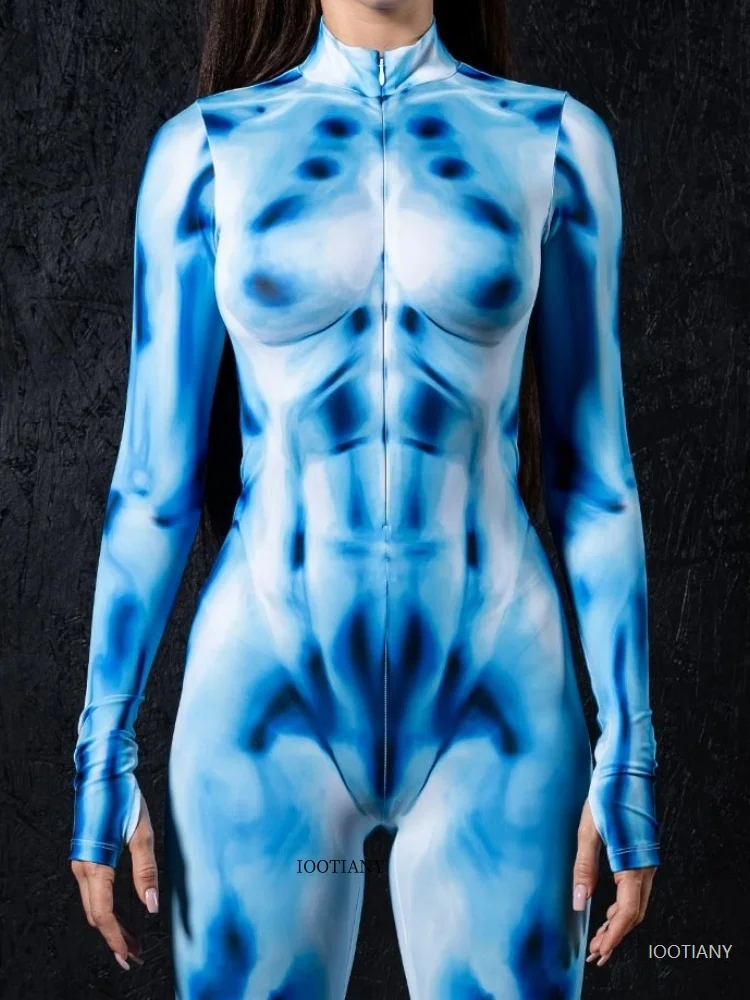 

Halloween Couple Cosplay Slim Costume 3d Printing Blue Muscle Stretch Human Anatomy Bodysuit Blue Elf Carnival Party Outfit 2025