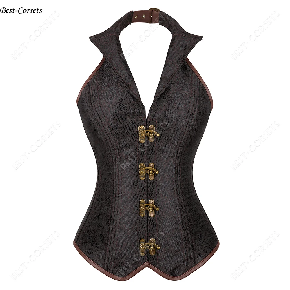 Steampunk Corsets and Bodices for Women Faux Leather Gothic Corset Top Halter Lace Up Medieval Noble Corset V Neck