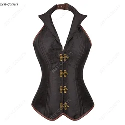 Corsés Steampunk para mujer, corsé gótico de piel sintética, Top Halter con cordones, corsé Noble Medieval con cuello en V