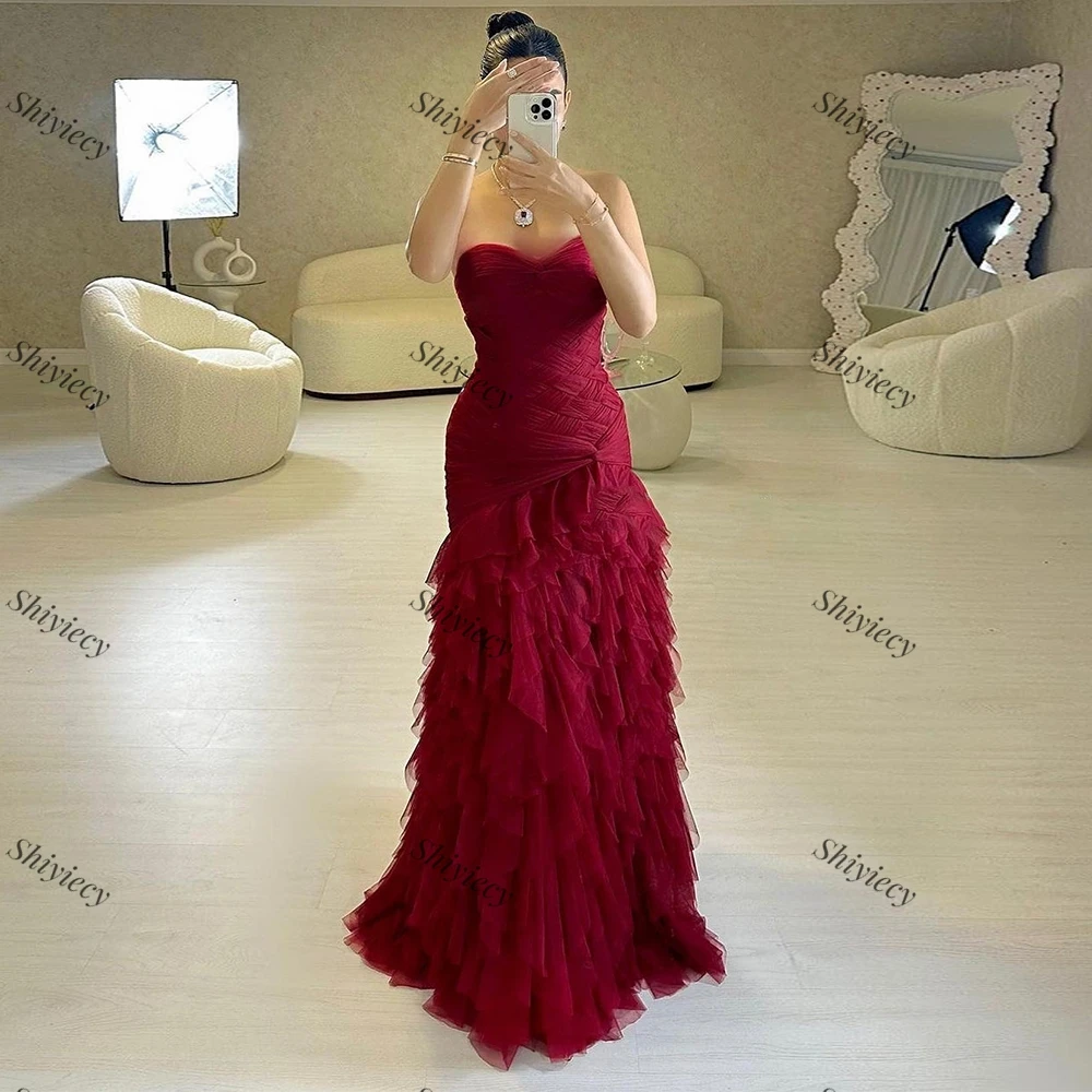 Burgundy Sweetheart Tulle Evening Dress Sexy Special Occasion Gown Sleeveless Backless Flppr Length Tiered Saudi Prom Dress