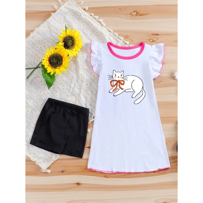 

IURNXB 2PCS Children Clothes Set Cartoon Cat Lace Sleeve Dress+Bottom Little Girl Princess A-Line Skirt Dresses Kid Outfits 1-6Y