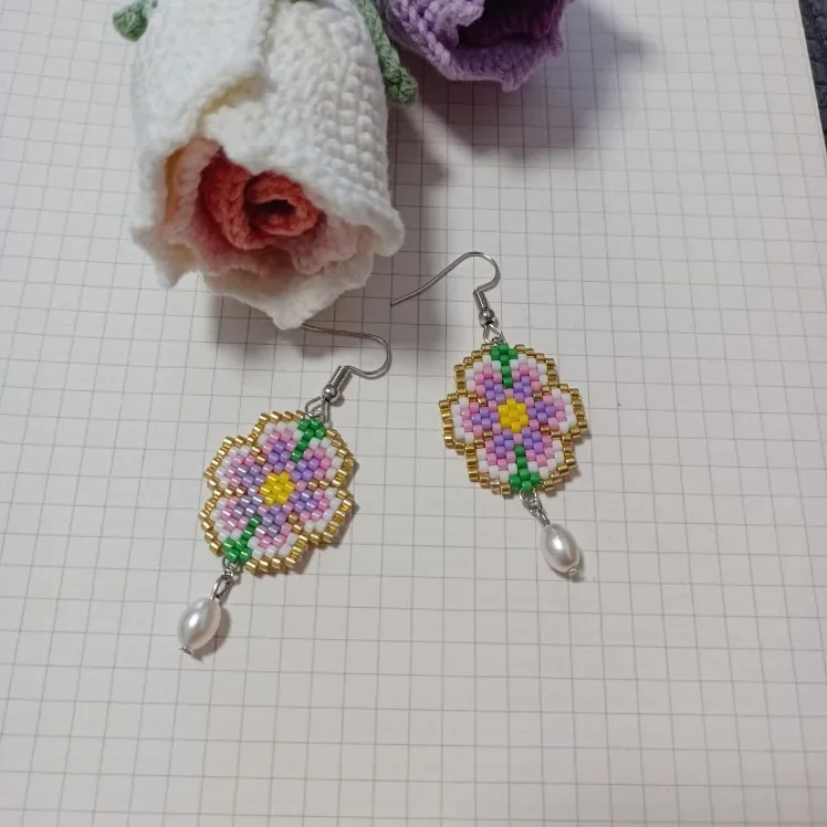 Beaded earrings  purple  flower  graphical  Fashion  trend  Simplicity  Hand woven  Bohemia  alloy  female  Rice bead earrings