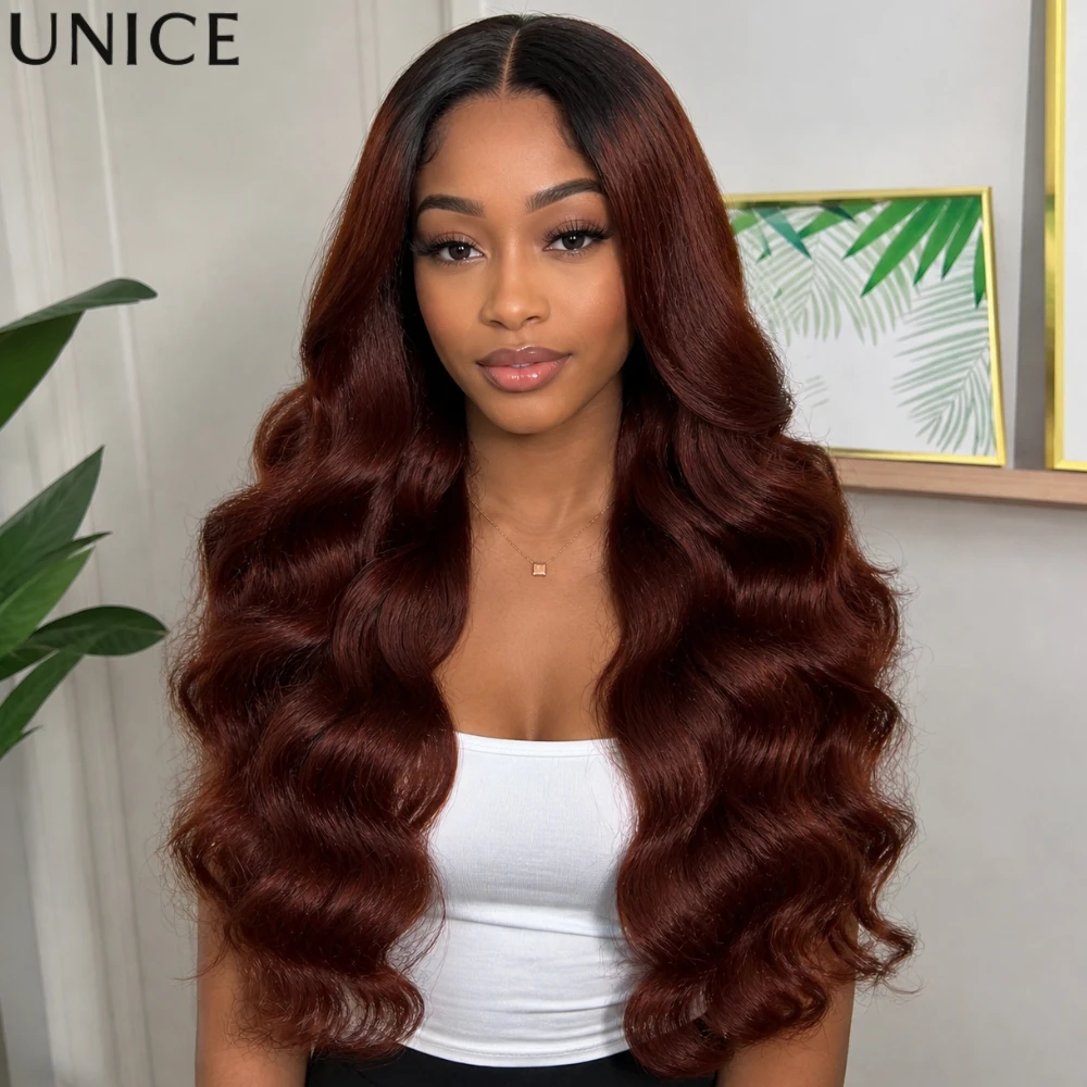 

UNice Thin-Part Lace V Part Wig Reddish Brown Ombre Body Wave V Part Human Hair Wigs With Breathable Cap 180% Density
