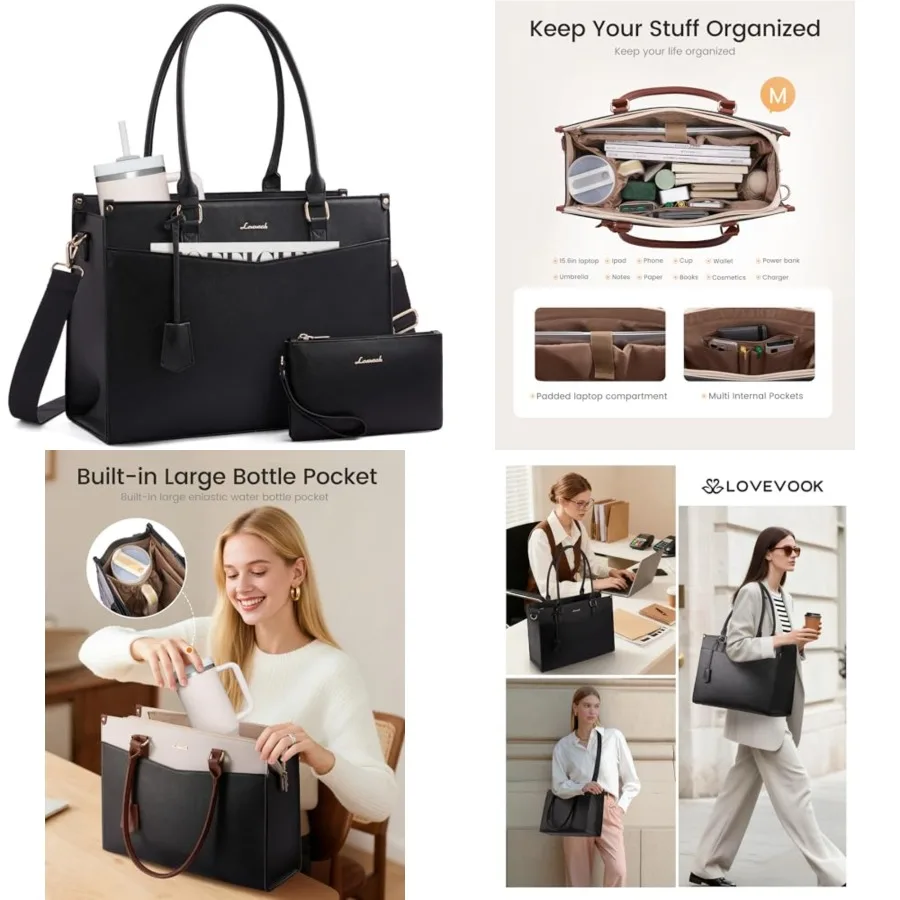 

LOVEVOOK Laptop Bag for Women, 2-in-1 Tote Purse with Clutch and Cup Holder, Waterproof Briefcase for Work Travel