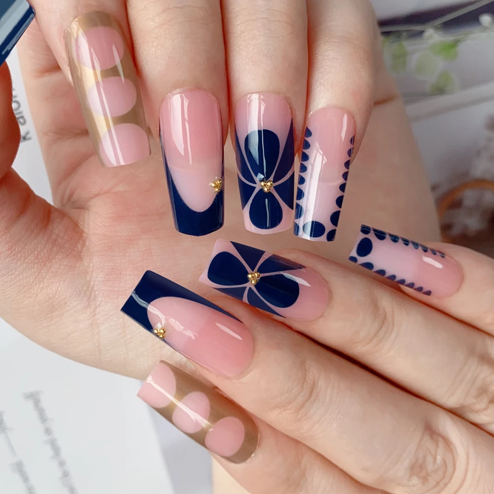24 Stücke Retro Blume Lange Sarg Französisch Künstliche Nägel Kaviar Perle Floral Gold Hohl Design Drücken Sie Auf Nagelspitzen Y2k Acryl Falsche Nagel