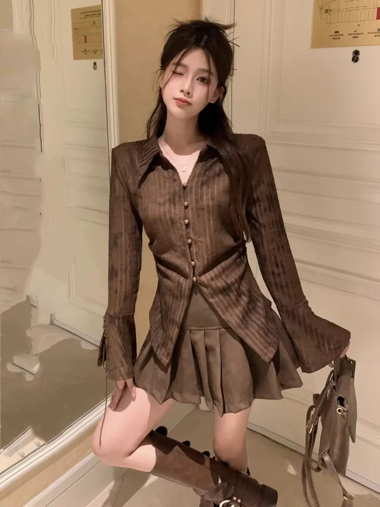 ADAgirl Vintage Tie Dye Blouse Women Y2k Slim Waist Flare Sleeve Shirt with Drawstring Black Dark Aesthetics Goth Clothes Spring