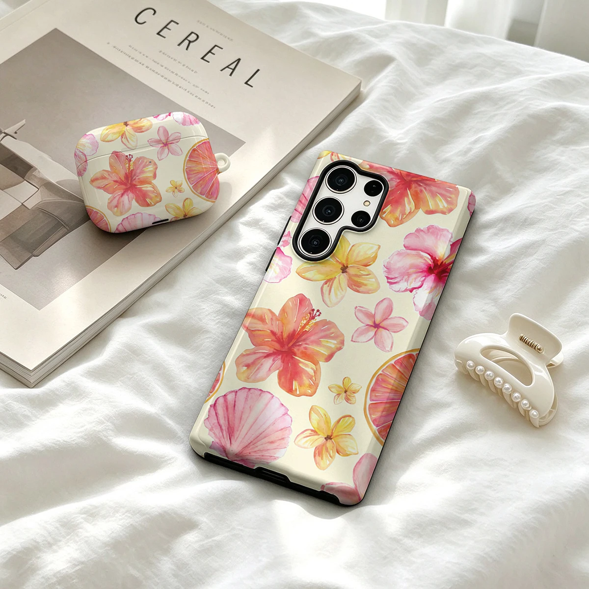 Tropical Hibiscus Shell Citrus Phone Case For Samsung Galaxy S26 S25 Ultra S24 S23 Plus Shockproof Double Layer Tough Back Cover