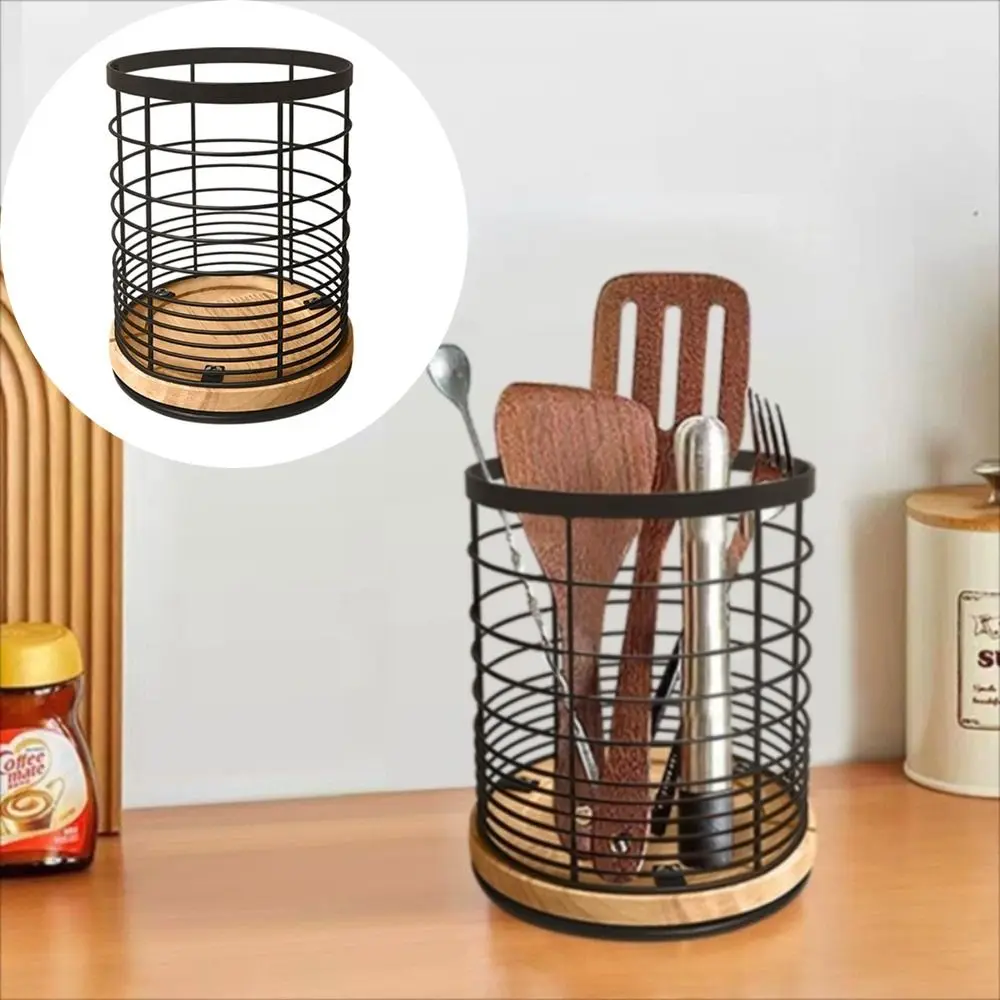 

Полый вращающийся держатель для посуды, деревянное основание, дренажное отверстие, кухонное ведро для хранения, устойчивый органайзер круглой формы для кухонной стойки