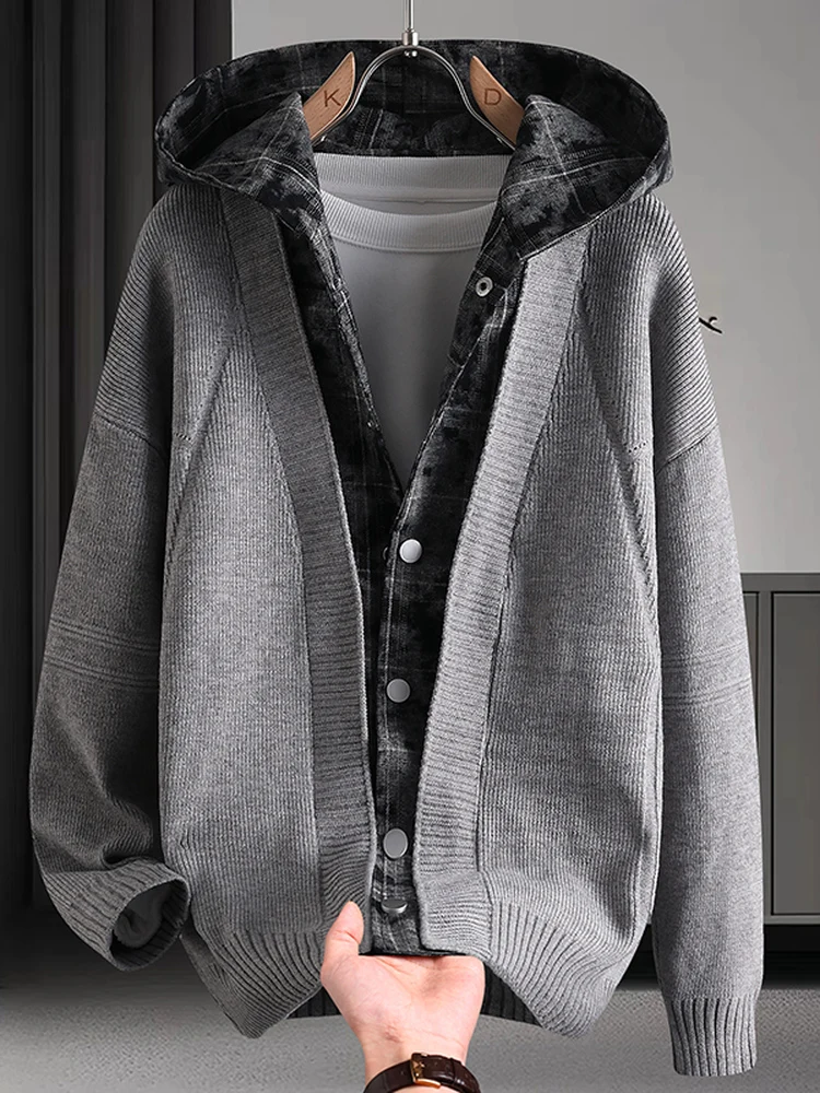 

Мужской вязаный кардиган с капюшоном, повседневный свитер-жакет с вставками, весна-осень, винтажный свободный крой в американском стиле, полиэстер
