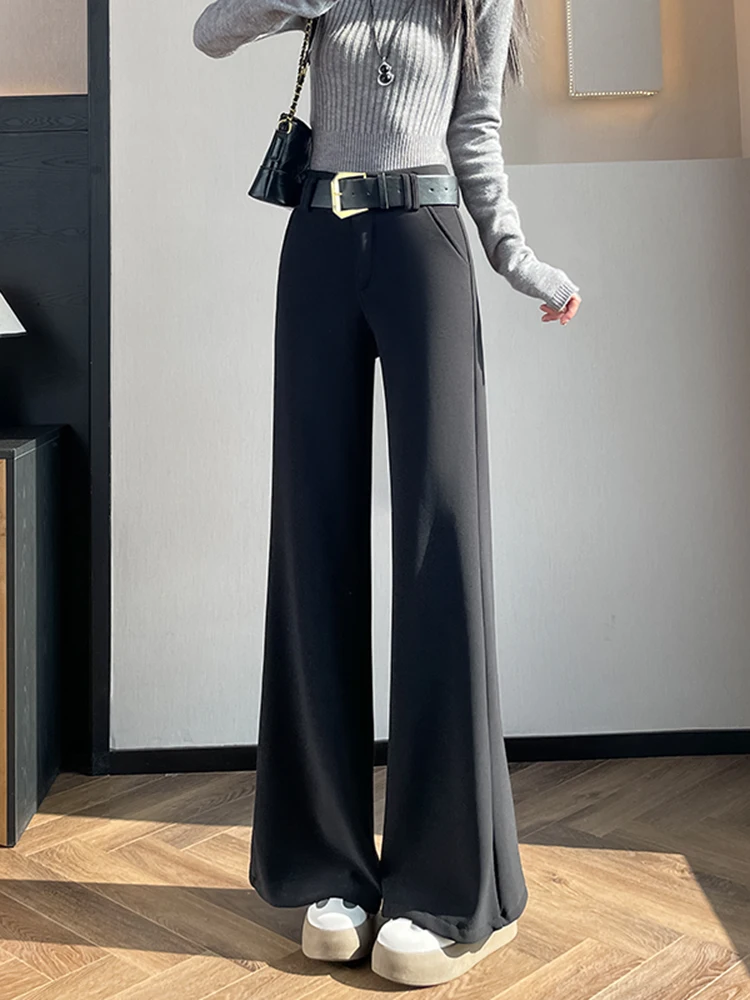 بنطلون نسائي واسع الساق بخصر مرتفع من ثينيد، سروال كاجوال للربيع والخريف والشتاء، مقاسات كبيرة، فضفاض وانسيابي