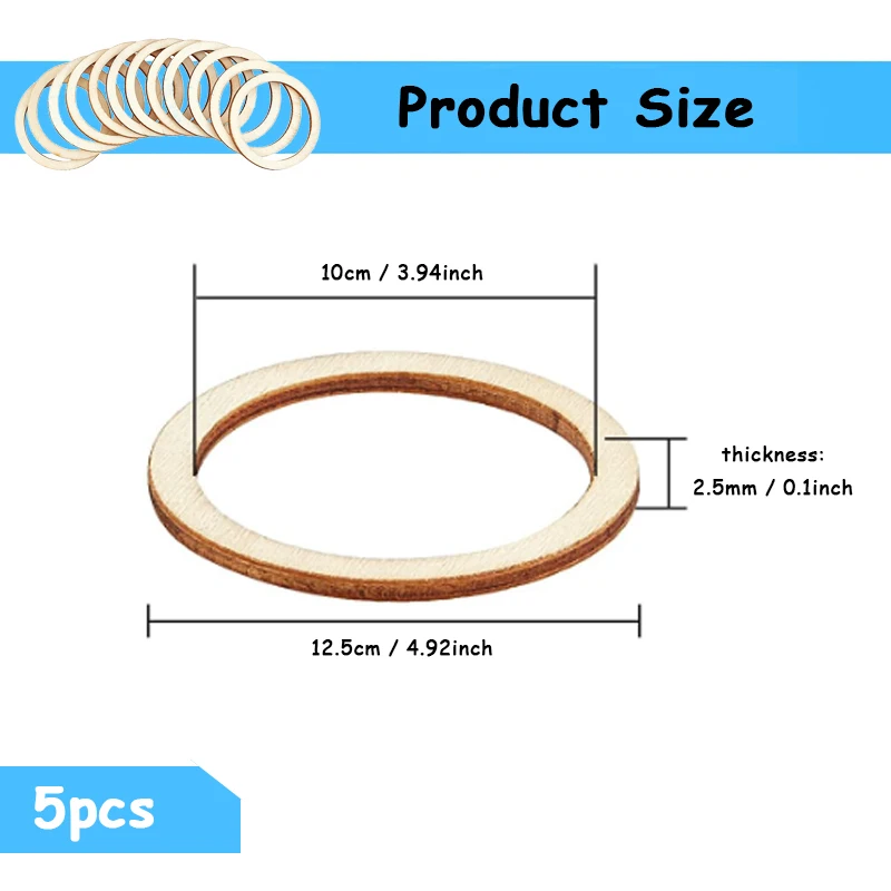 5pcs 12.5cm Wooden Rings, Natural Unfinished Flat Wood Rings Circle for Craft DIY, Jewelry Making, Home Decor