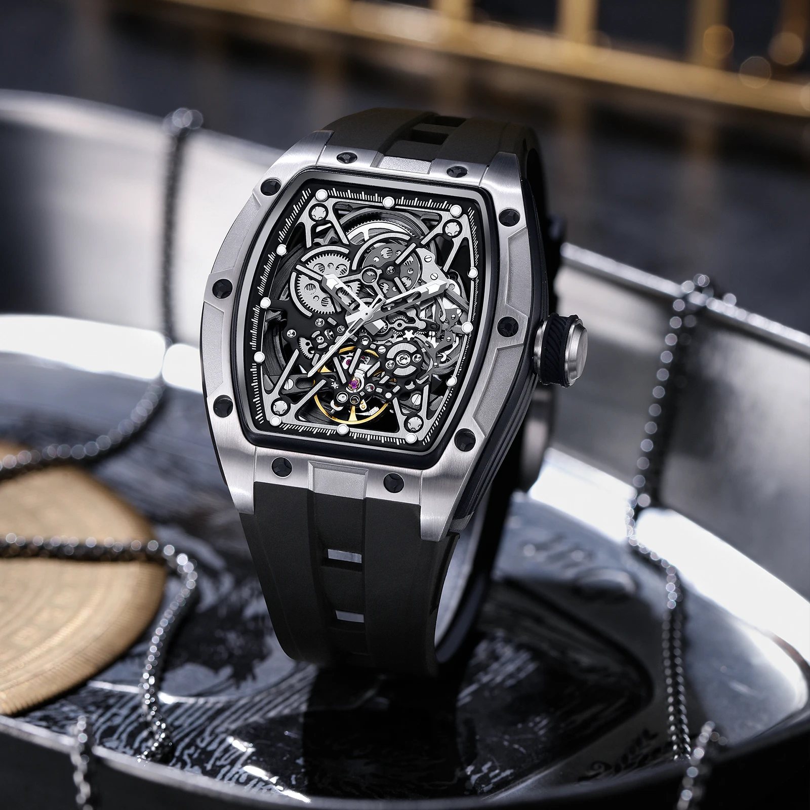 DG Stainless Steel Waterproof Mens Skeleton Watches Top Brand Luxury Transparent Mechanical Sport Male Wrist Watches