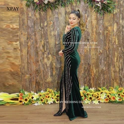 XPAY Crystal Beads Emerald Green Velvet Mermaid Evening Dresses Dubai Arabic Women Long Sleeves Split Prom Gowns Formal Occasion