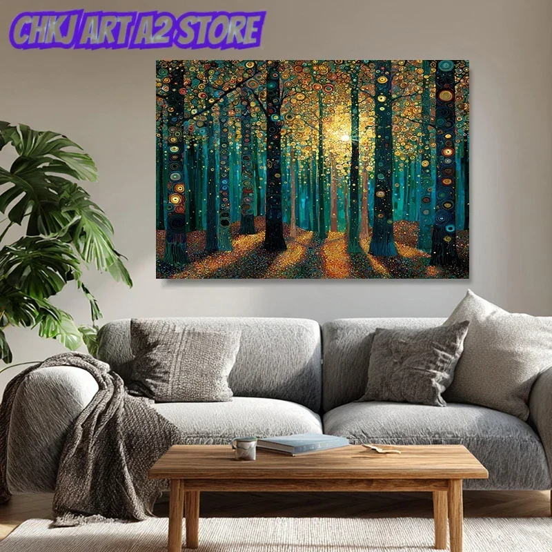 Forest Glow Abstract Tree Golden Sunlight Nature Poster and Prints Canvas Painting Wall Art Pictures Home Decor Cuadros