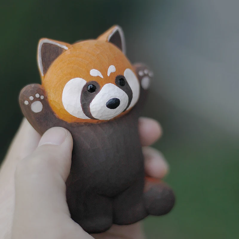 Cute Home Decor Red Panda Handmade Wood Carving Ornaments Solid Wood Animal Wood Sculpture Desk Accessories Kawaii Figurine