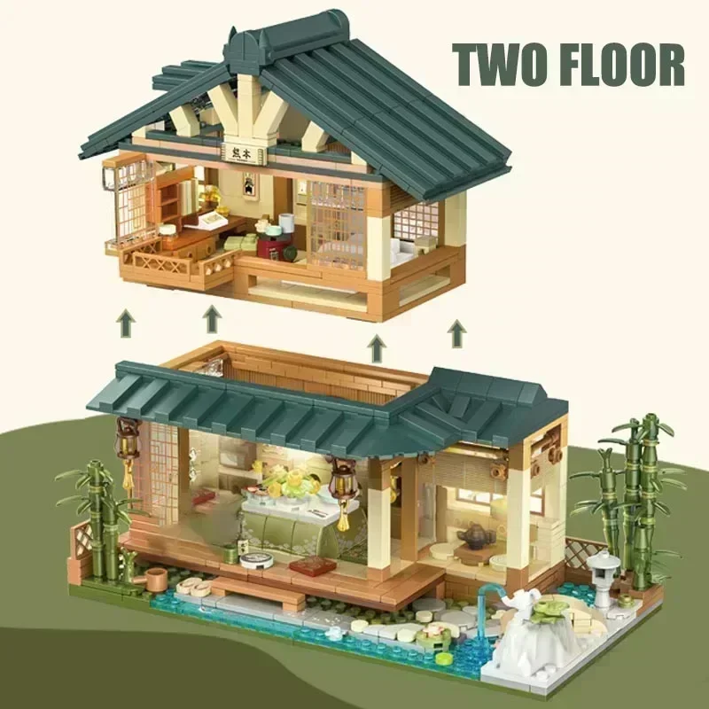 City 1099pcs Classic Japanese Courtyard Model Building Blocks With LED Light Village House MOC Villa Bricks Toys For Children