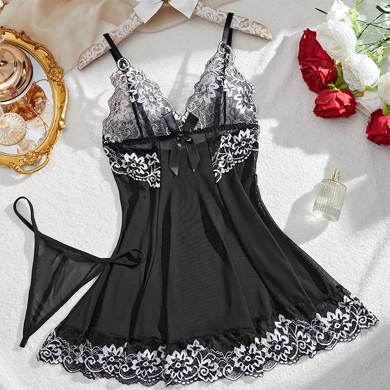 Sleepwear Women Nightgown Lace Deep V Suspender Pajama Sets With Thong Black Semi-transparent Dress Homewear Night Wear Lingerie