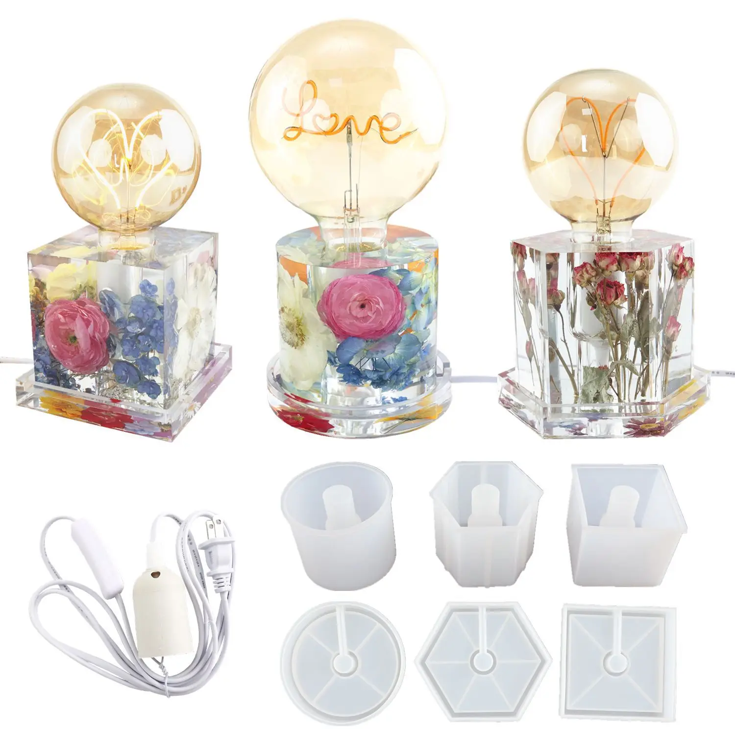 DIY Epoxy Resin Mold Lamp Holder Hexagonal Cube Cylinder Bedside Lamp Silicone Mold Home Decoration