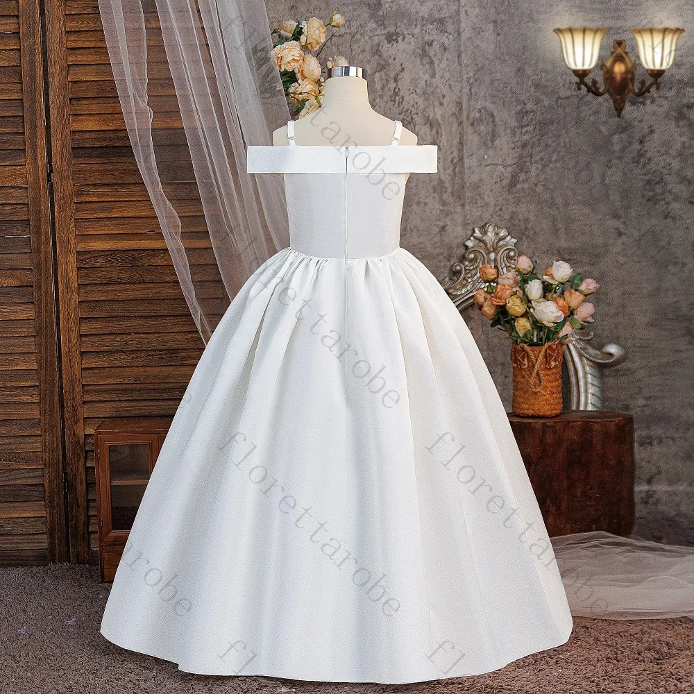 Customized White Flower Girl Dress with Satin Off Shoulder Bow Waist Long Ball Gown Skirt for Wedding Birthday Party Performance