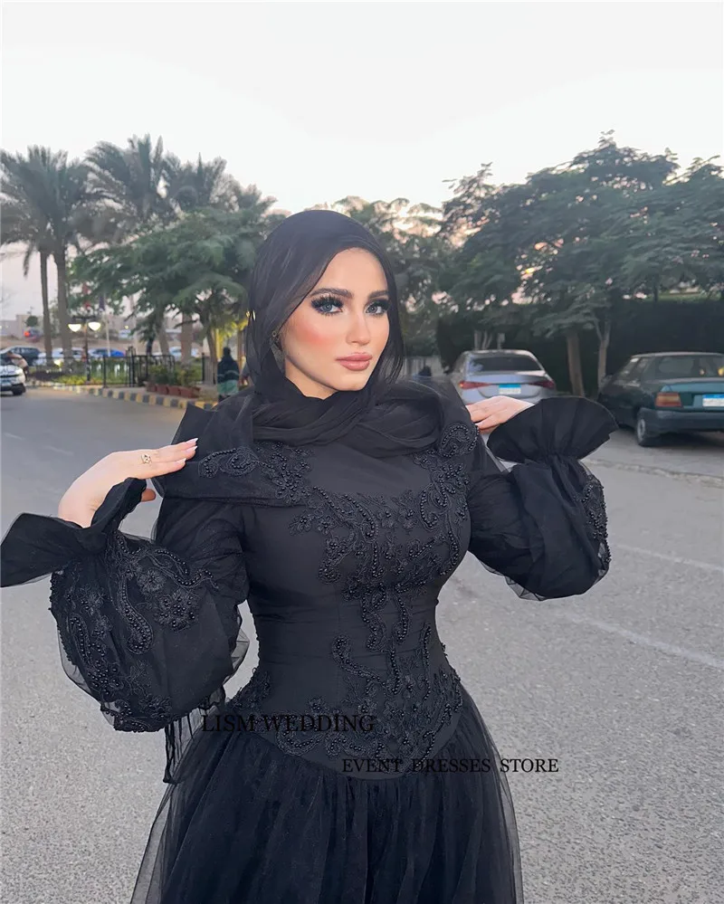 LISM Modest Back Muslim Arabic Women Evening Dresses Long Sleeves Lace Tulle Prom Gowns With Hijab Formal Party Dress Plus Size