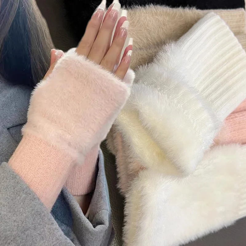 Women Solid Color Mink Fleece Gloves Soft Plush Fingerless Gloves Winter Keep Warm Mittens Knitted Mink Fur Knitted Girls Gloves