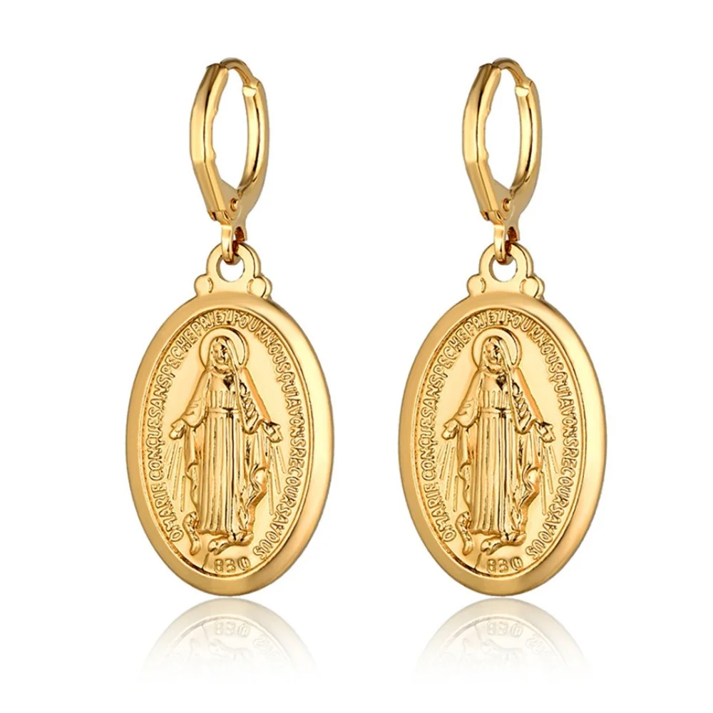 Catholic Gift Gold Color Madonna Medal/Crucifix Cross/Virgin Mary/Rosary Drop Earrings for Women Dropshipping