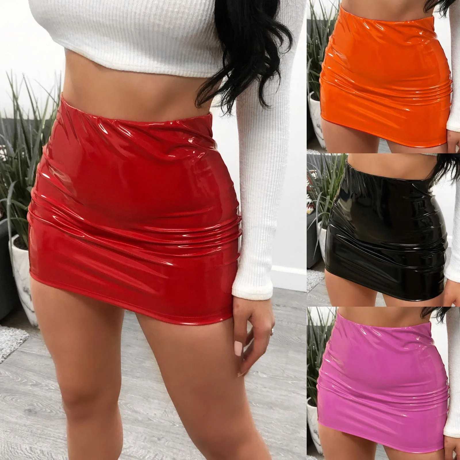 Fashion Casual Bright Leather Wrap Hip A-Line Half Skirt For Women Summer Solid Color Sexy Street Style Spicy Girls Mini Dress