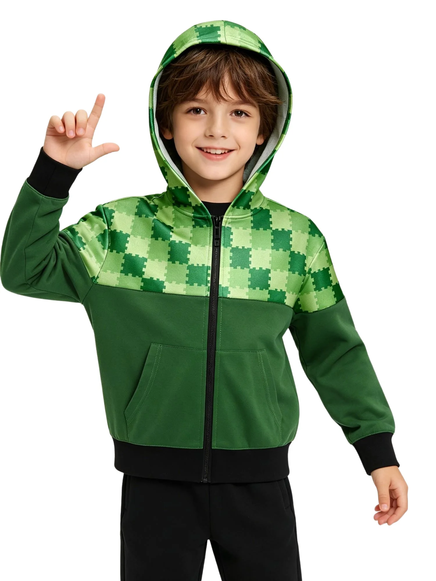

6-16Y Kids Boys Halloween Cosplay Plaid Hoodie Long Sleeve Zipper Front Hooded Jacket with Pockets Breathable for Sports Gaming