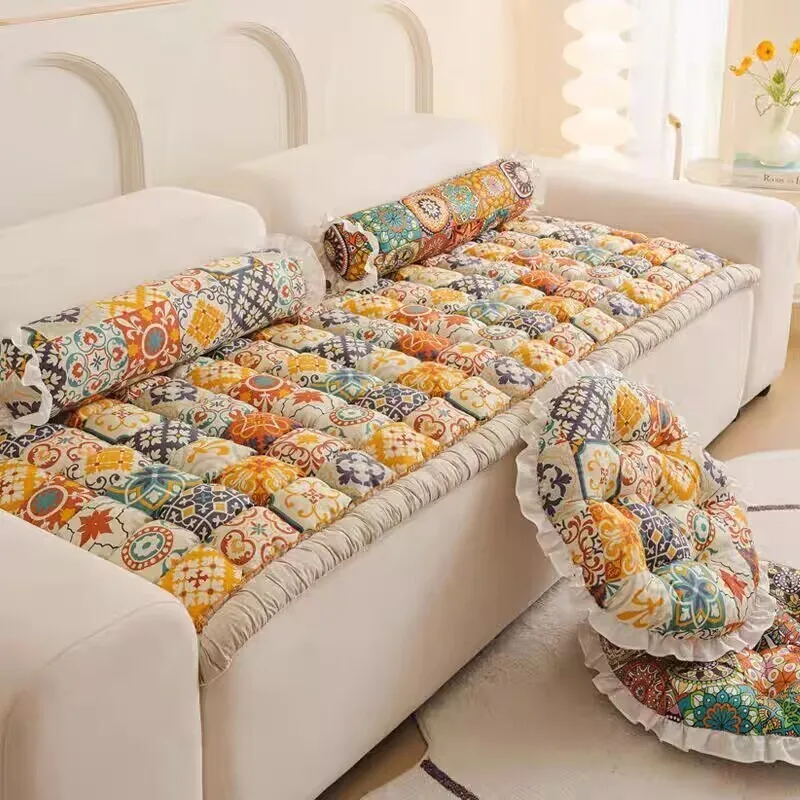 Cotton Thickness Couch Sectional Sofa Cover Anti-slip Printed Floral Dust Seat Cushion Tatami Pad Home Decor Furniture Slipcover