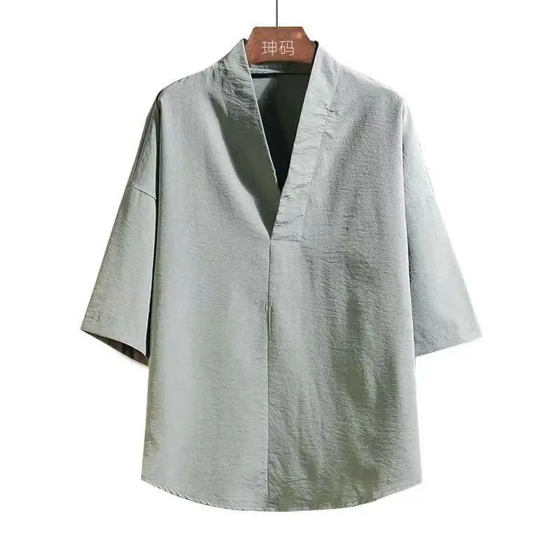 

Новые летние мужские футболки Hanfu с рукавами семь четвертей, одежда больших размеров, футболка со льдом в стиле Тан, тонкая корейская рубашка с v-образным вырезом