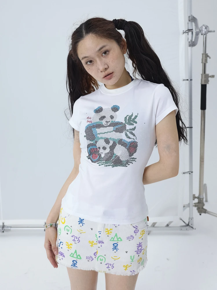 Short T-shirt Female Panda Rhinestone Printing Short Sleeve Summer Thin Retro Versatile Top Black White Fashion Simple Slim Fit