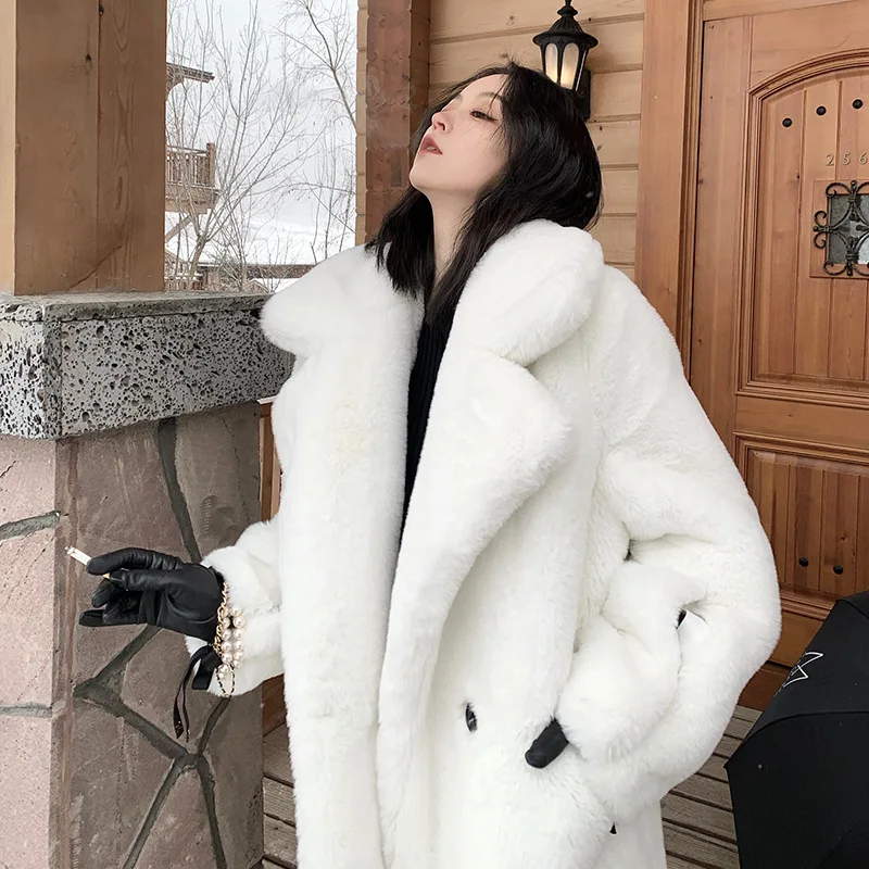 Winter Warm White Faux Fur Coat Women Long Sleeve Lapel Double Breasted Luxury Elegant Fluffy Fake Rabbit Fur Blazers