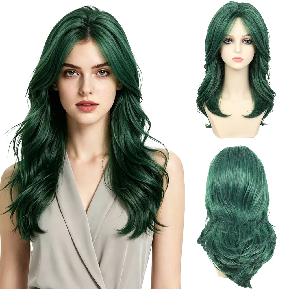 Dark Green Long Wavy Wig For Women Middle Part Layered Body Wave Heat Resistant Synthetic Hair Cosplay Halloween Party Daily