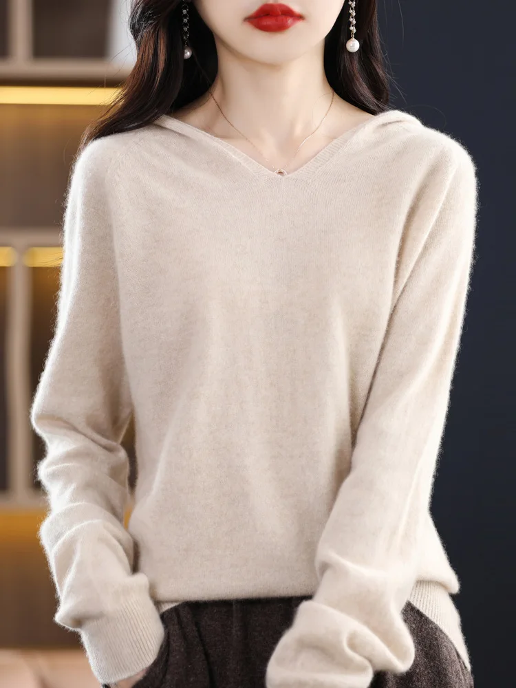 Women Cashmere Hoodie Pullover  Long Sleeve 100% Merino Wool Sweater For  Autumn Winter Soft Casual Knitwear Korean Popular Top