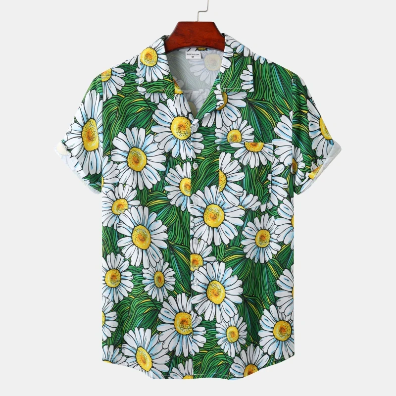 Summer Fresh Cartoon Fashion Character Tropical Turtle Back Leaf Full Printed Short Sleeved Shirt for Men Loose Casual Shirt