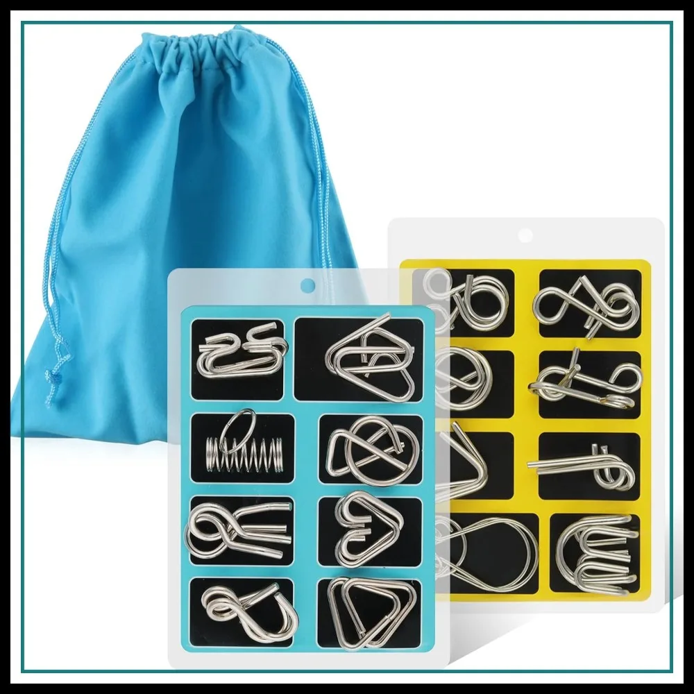 

16 Pcs Metal Wire Puzzle Set with Pouch, Brain Teaser IQ Test Unlock Interlock Game, Chinese Ring Magic Trick Toy for Party Favor Adults