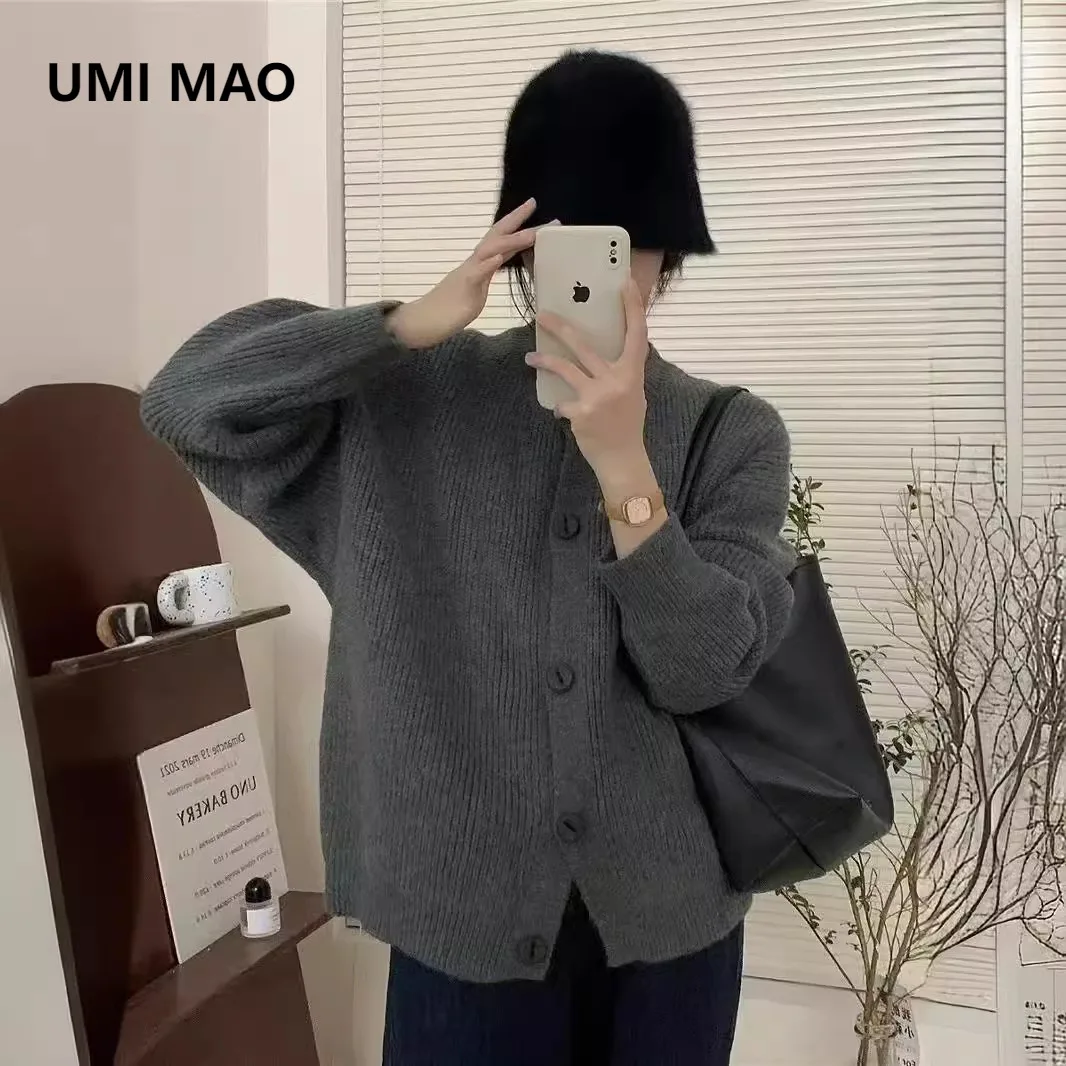 

UMI MAO Autumn Winter New Lazy Style Korean Version Sweater Cardigan For Women Soft Sheep Wool Ribbed Button Sweater Dark Gray