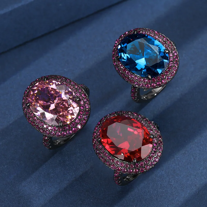 

New Gold-Plated Jewelry Red Corundum Blue Spinel Black Gold Personality Ring 12*16