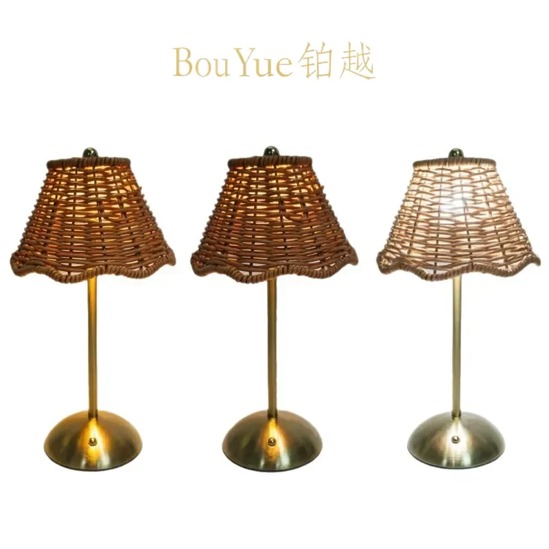 Outdoor Rattan Table Lamp Dimmable Cordless Charging Light for Patio Balcony Bar Restaurant Bedroom Bedside Ambient Decor