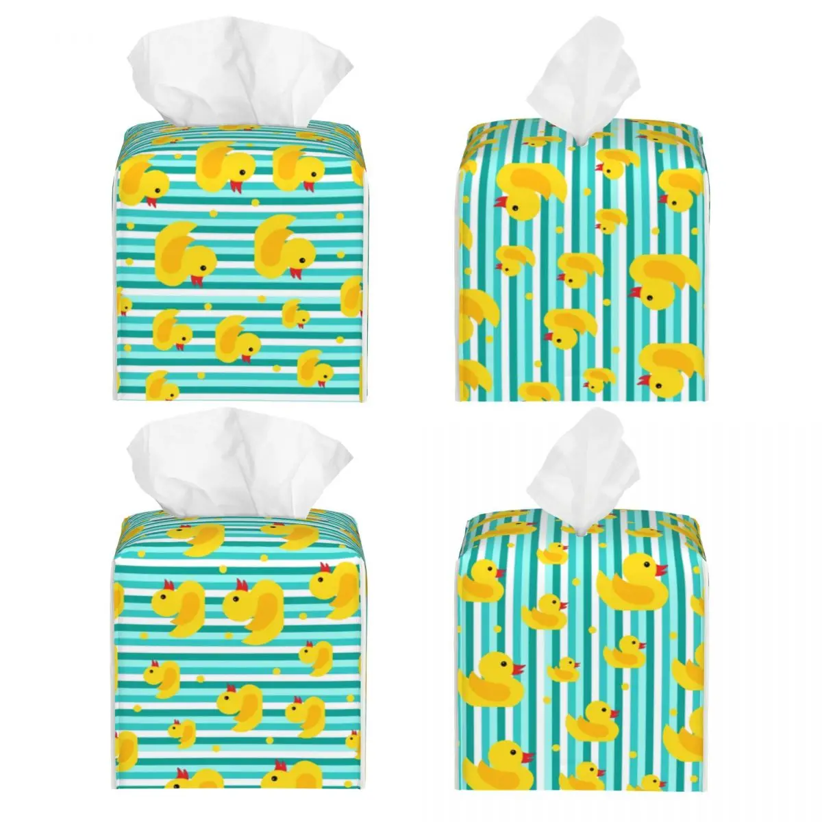 Custom Yellow Ducks Blue Stripes Tissue Box Cover Square PU Leather Animal Cartoon Facial Tissues Holder for Bathroom