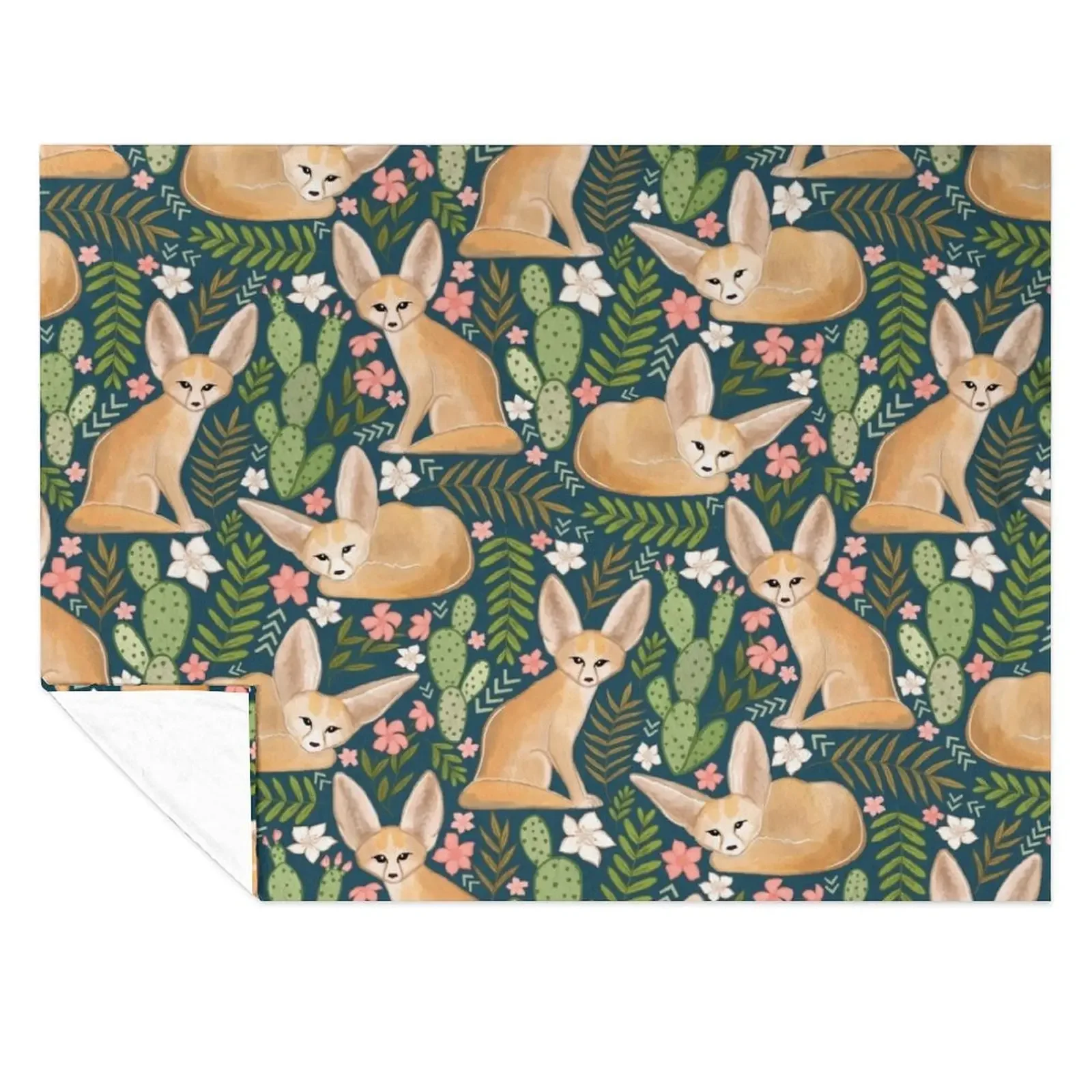 

Fantastic Fennec Foxes on Navy Throw Blanket manga warm for winter Moving Flannel Fabric Blankets