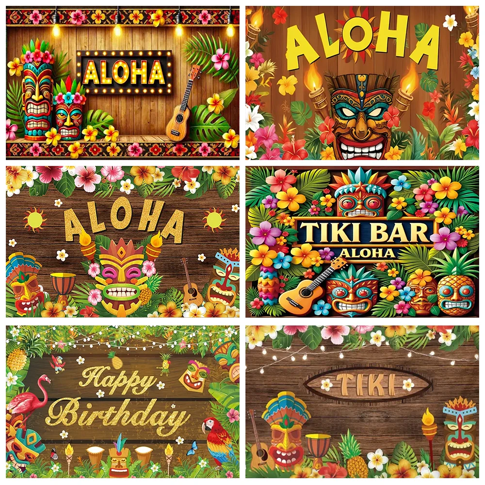 

Summer Beach Tropical Tiki Bar Backdrop Aloha Flower Totem Hawaiian Holiday Party Birthday Decorations Banner Photozone Props