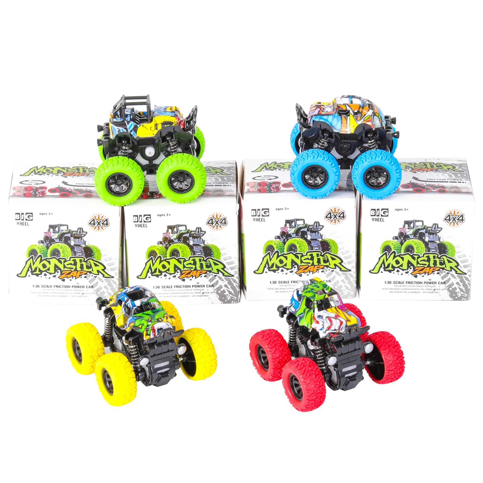 Pull-up Monster Truck Brinquedos para Crianças, Inércia Veículos, Inércia Car, Fricção Powered, Meninos e Meninas, 4PCs, 1 a 6 Anos de Idade