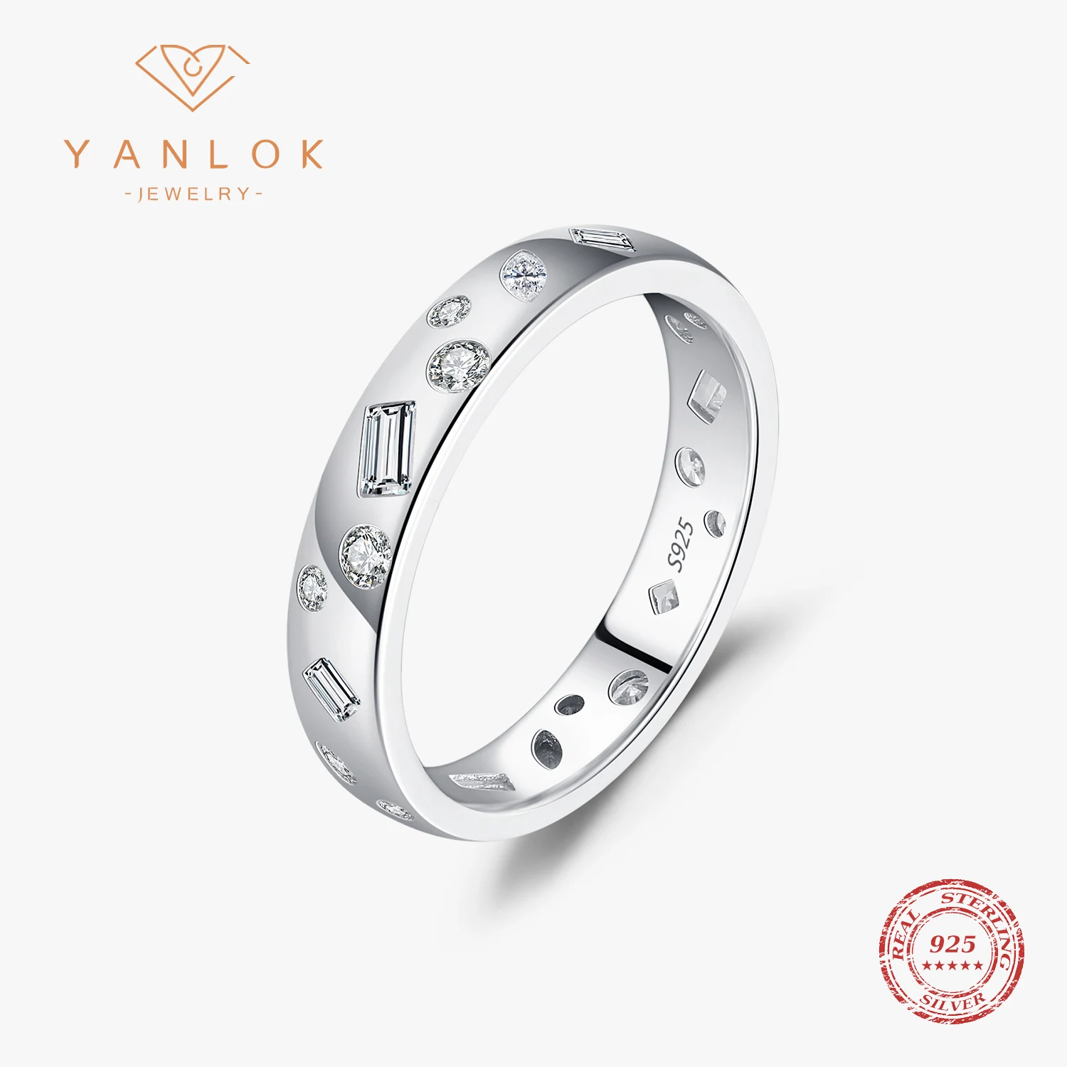 

YANLOK 925 Sterling Silver Trendy Irregular Geometric CZ Eternity Band Rings For Women Daily OL Fine Jewelry Gifts