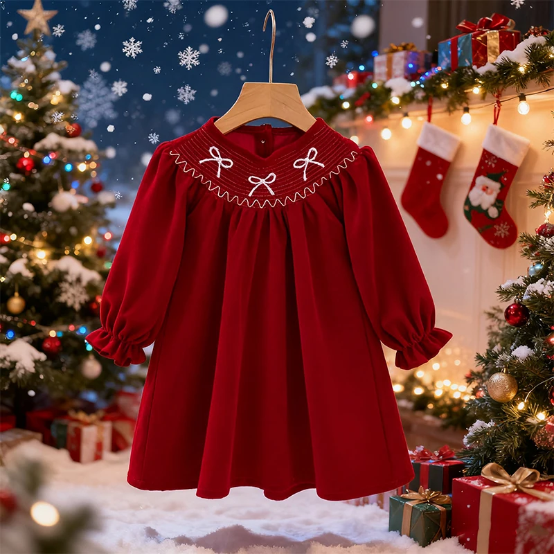 Christmas Party Dress Baby Girl Bow Princess Ruffle Finish Dress Fashion Christmas Holiday Autumn Winter Wear Kids Girl Dress