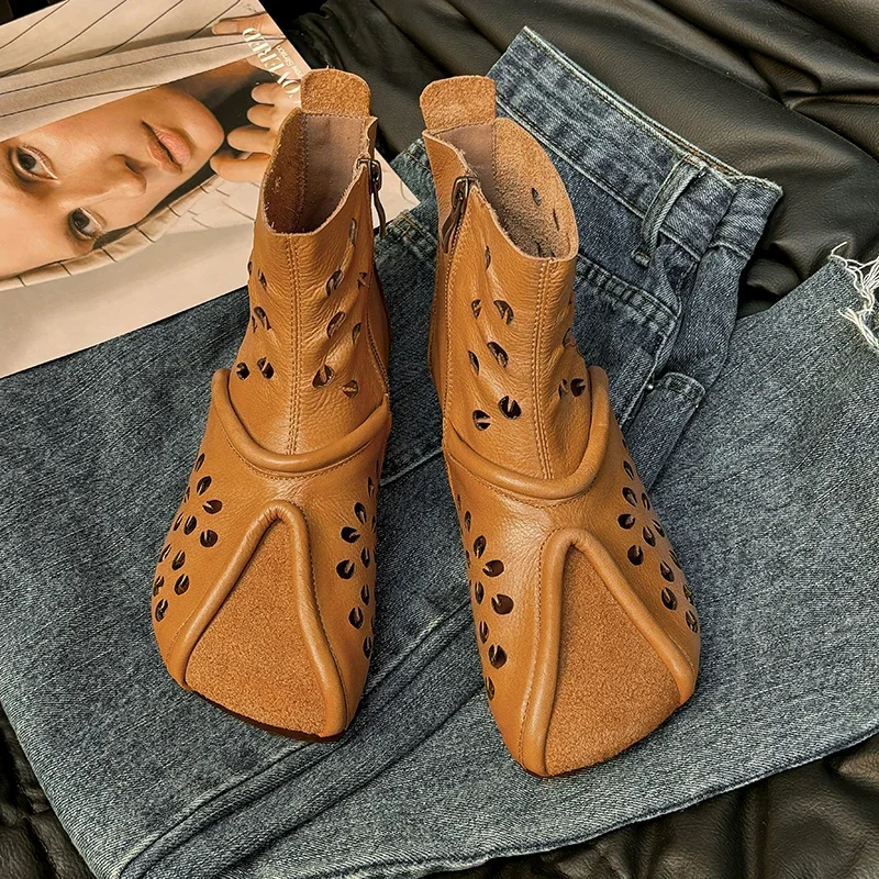 

Ботильоны на плоском каблуке в стиле ретро, женские кожаные полые ботильоны с боковой молнией, роскошные повседневные короткие ботинки на плоской подошве