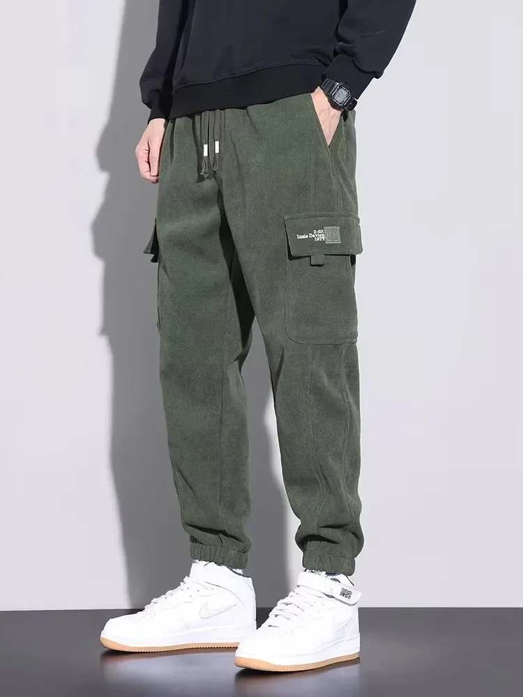 

Pop New Corduroy Tapered Sweatpants Men's Cargo Pants Fashion Pocket Embroidery Korean Bound Feet Male Trousers Brand