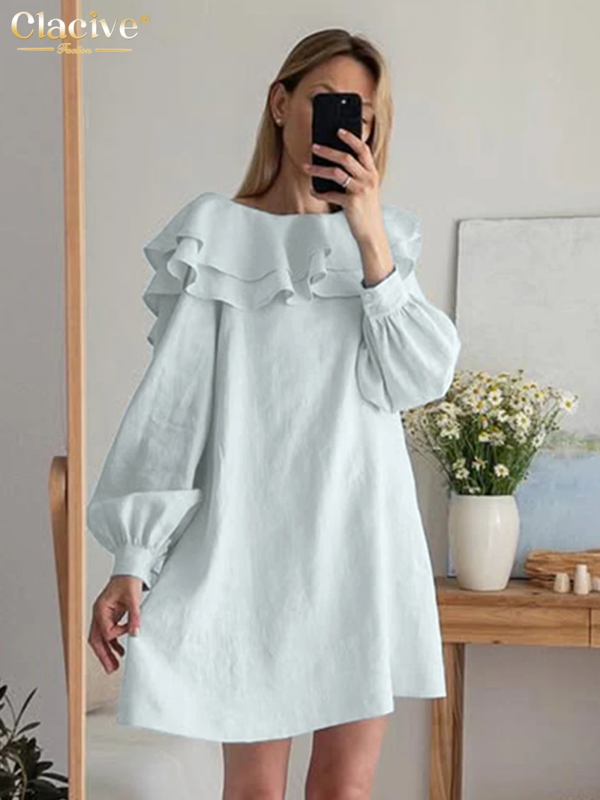 

Clacive Fashion Loose Blue Cotton Women's Dress 2026 Sexy Diagonal Collar Long Sleeve Mini Dresses Elegant Classic Female Dress